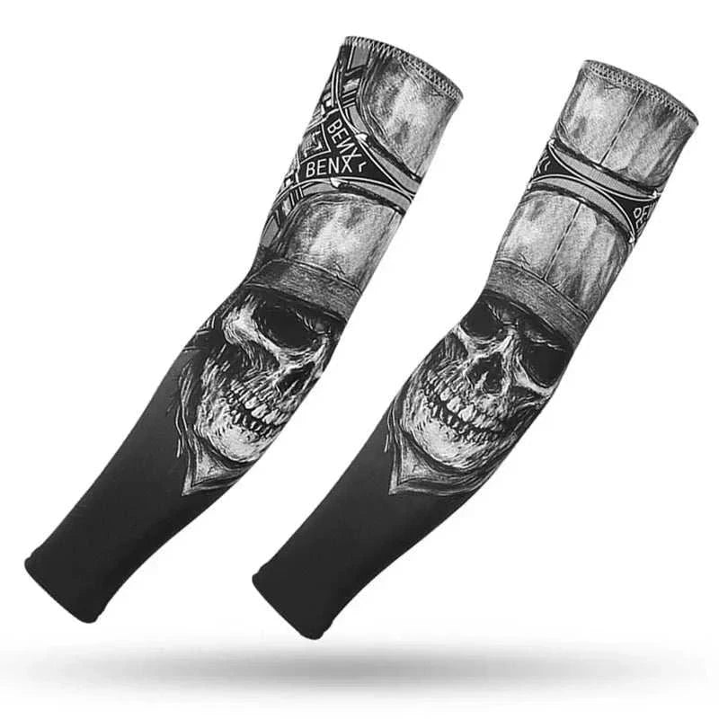 Pair of black outdoor arm sleeves with skull tattoo design, providing UV protection and compression for sports and daily wear