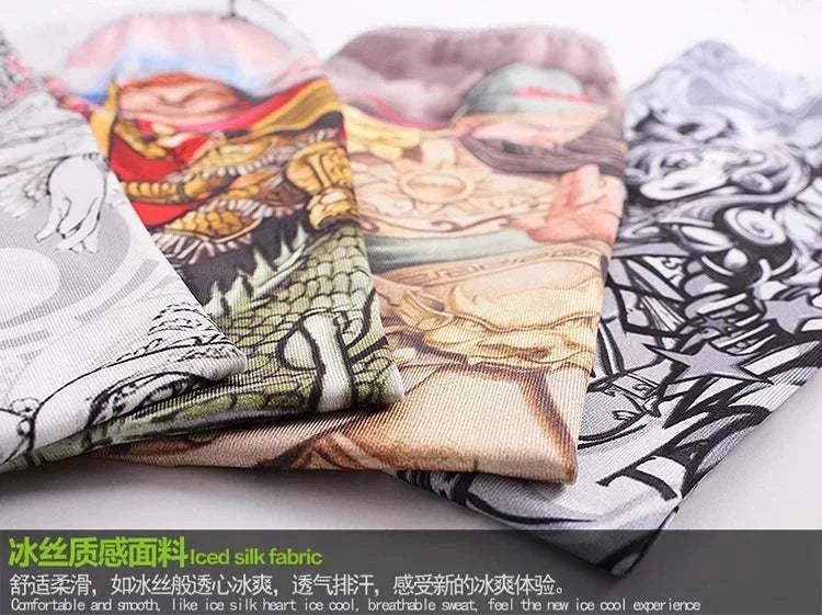 Colorful outdoor arm sleeves with tattoo cover designs made of lightweight, breathable iced silk fabric for UV protection and comfort