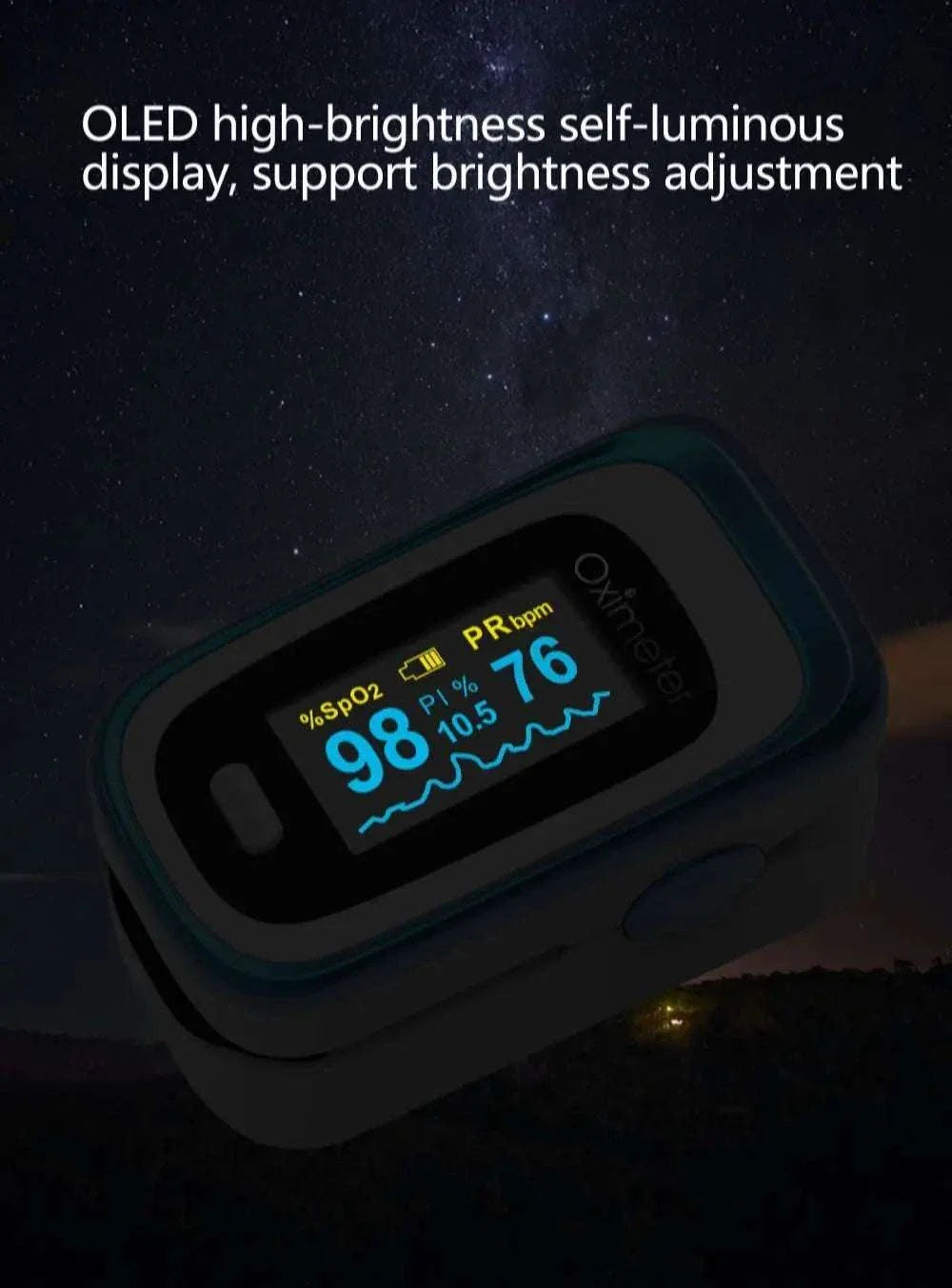 KIUZOU Finger Pulse Oximeter with bright OLED display showing SPO2, pulse rate, and perfusion index readings