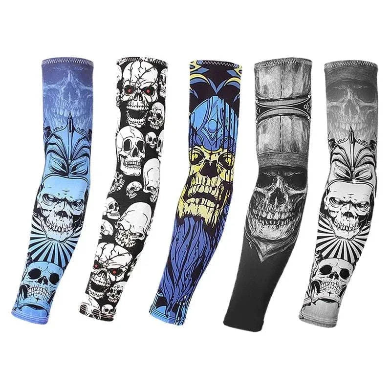 Set of five outdoor arm sleeves with skull-themed designs for UV protection, compression, and tattoo coverage during sports and outdoor activities