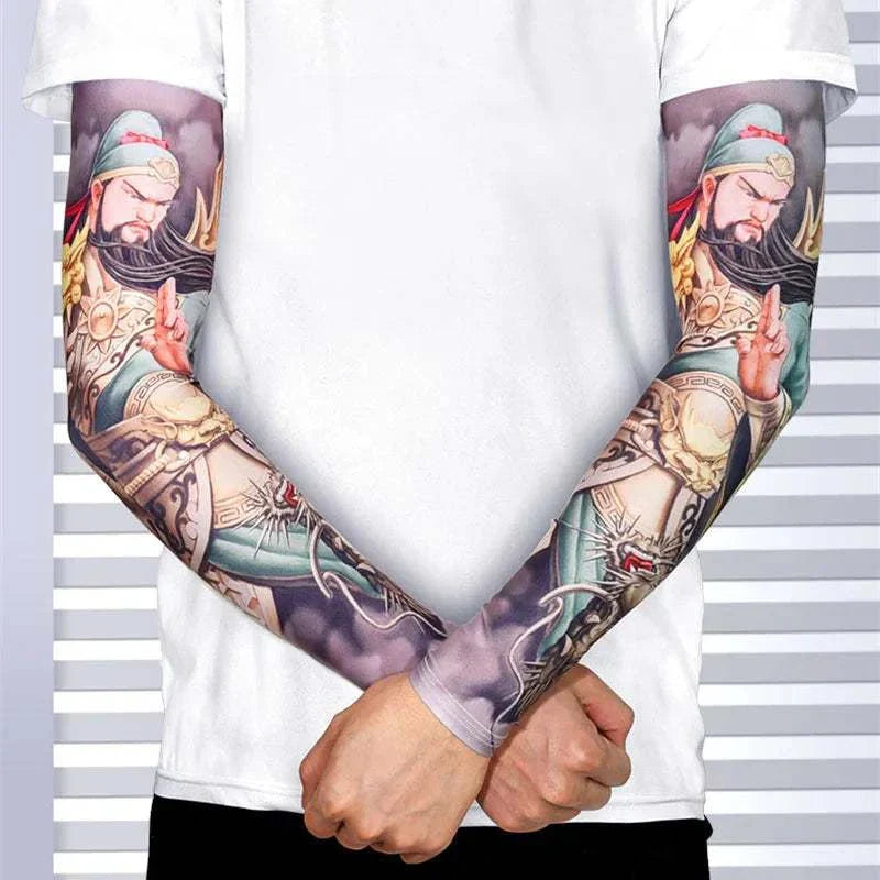 Man wearing colorful tattoo cover outdoor arm sleeves on both arms with white t-shirt background