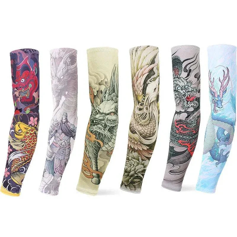 Set of colorful outdoor arm sleeves with detailed tattoo cover designs for UV protection and compression during sports and outdoor activities