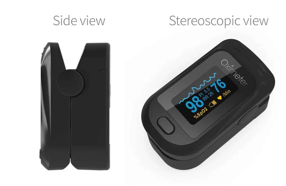 KIUZOU Finger Pulse Oximeter with bright OLED display showing SpO2 and pulse rate, compact black design with one-button operation.