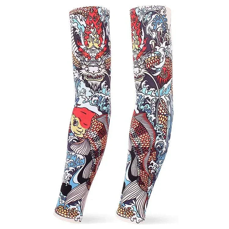 Colorful tattoo-style outdoor arm sleeves with dragon and koi fish design, providing UV protection and compression for sports and outdoor activities.