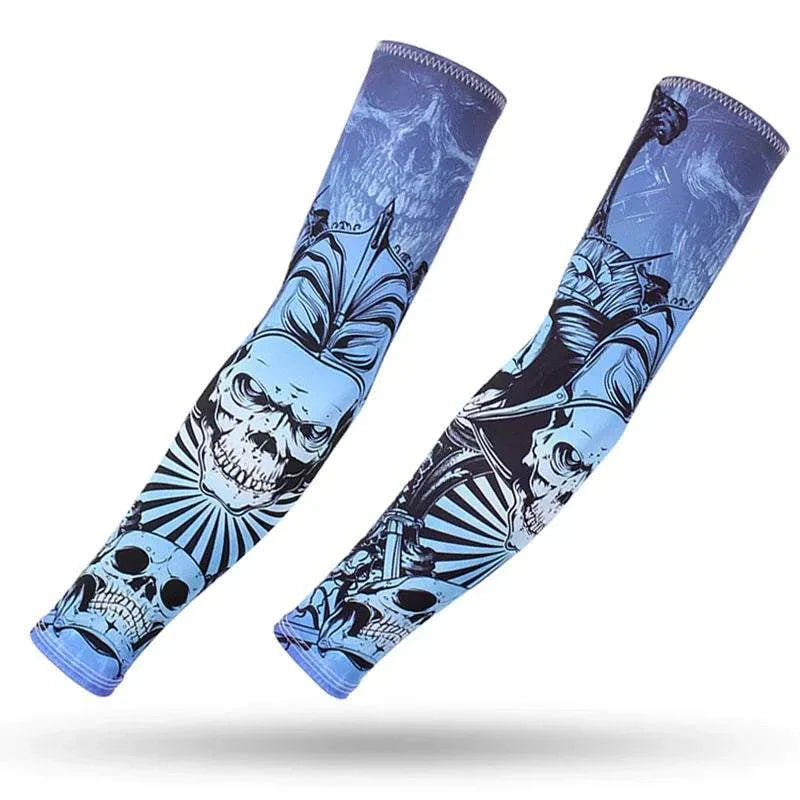 Blue skull design outdoor arm sleeves with UV protection and compression for sports and tattoo cover