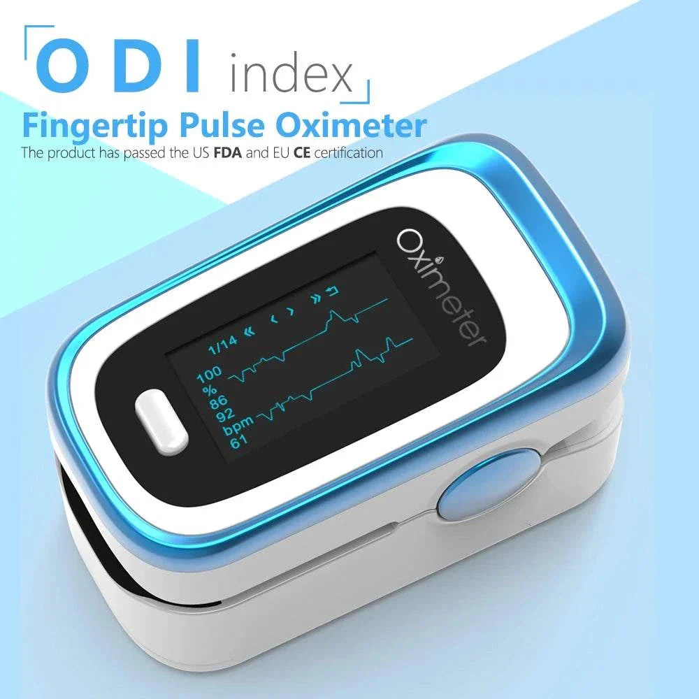 KIUZOU Finger Pulse Oximeter with OLED display showing oxygen saturation and pulse rate readings in blue and white casing
