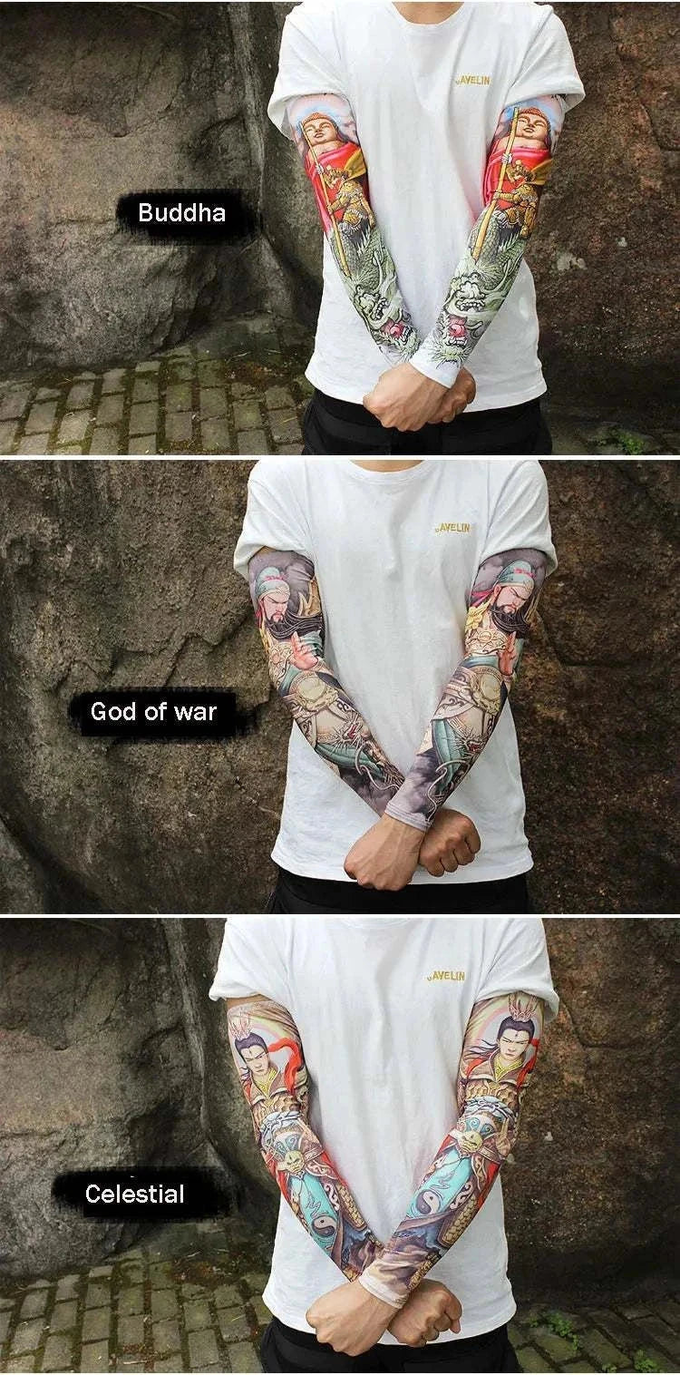 Outdoor Arm Sleeves tattoo covers with vibrant Buddha, God of War, and Celestial designs providing UV protection and breathable comfort