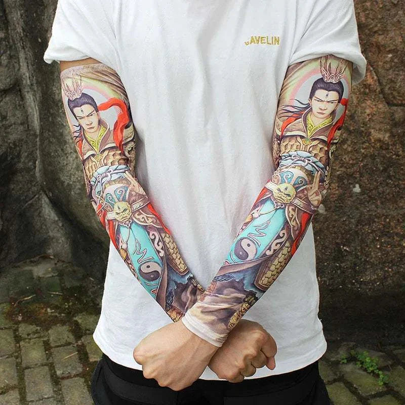 Person wearing colorful tattoo cover outdoor arm sleeves with intricate warrior design