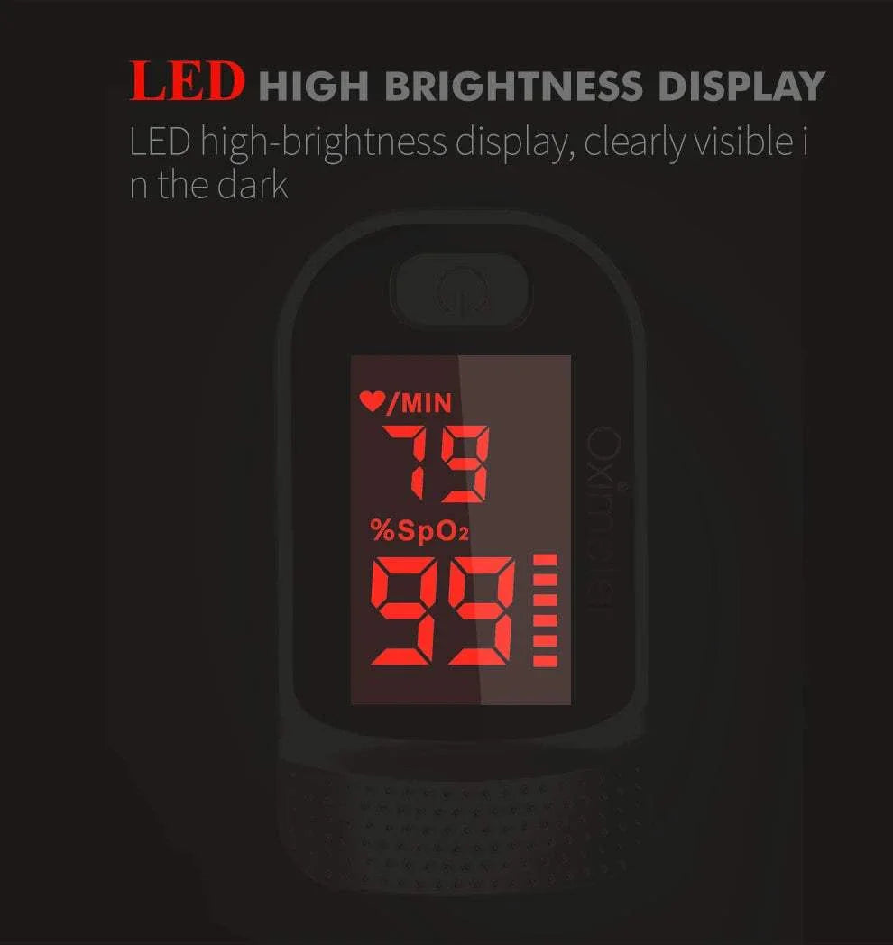 KIUZOU Finger Pulse Oximeter with LED high-brightness display showing SPO2 and pulse rate readings in dark