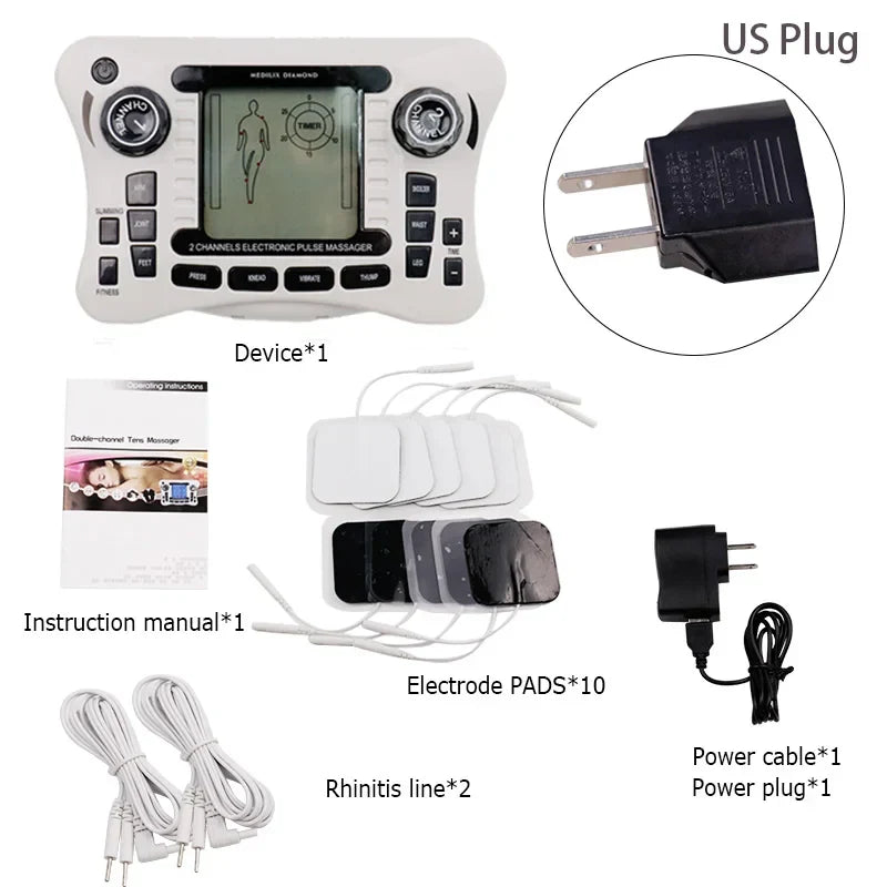Electronic Pulse s Ems Machine massager with electrode pads, US plug, power cable, and instruction manual for pain relief and muscle stimulation