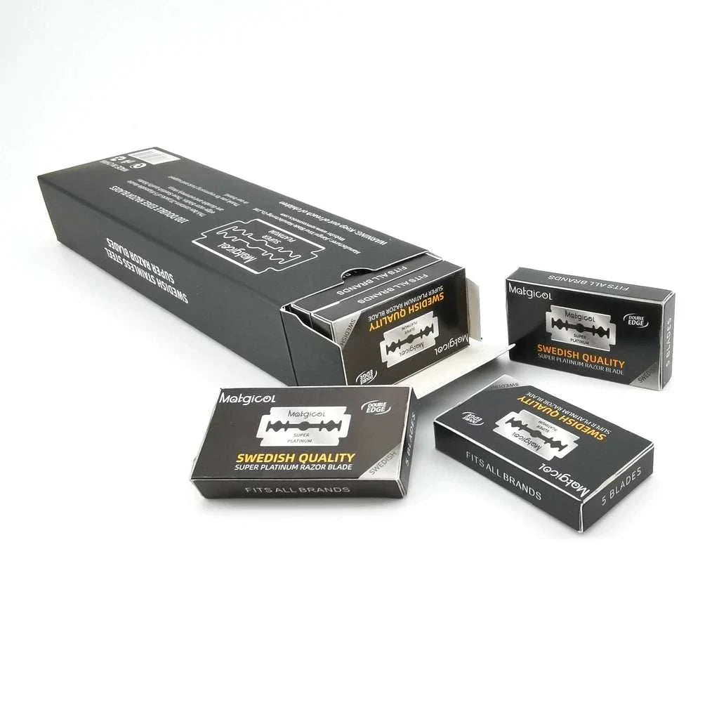 Pack of stainless steel razor blades for double edge razors, featuring Swedish quality and individually wrapped for safe shaving and grooming.