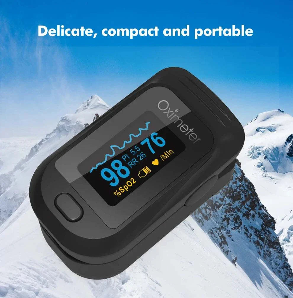 KIUZOU Finger Pulse Oximeter with bright OLED display showing SpO2, pulse rate, and waveform, compact and portable design for accurate blood oxygen and heart rate monitoring.