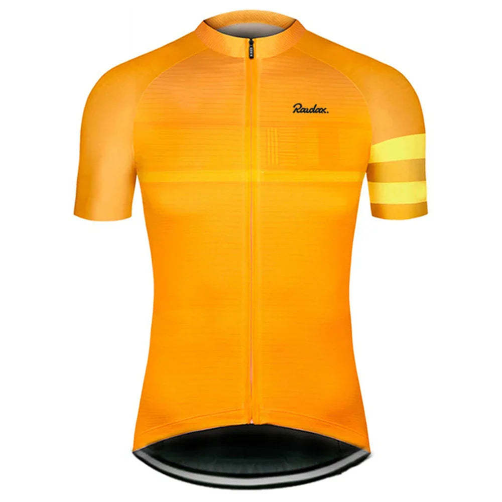 Orange cycling jersey with short sleeves and front zipper, aerodynamic fit and breathable fabric for performance rides