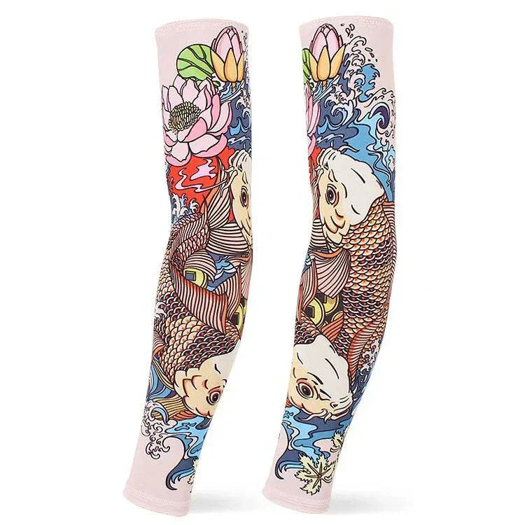 Colorful outdoor arm sleeves with koi fish and floral tattoo cover design for UV protection and compression