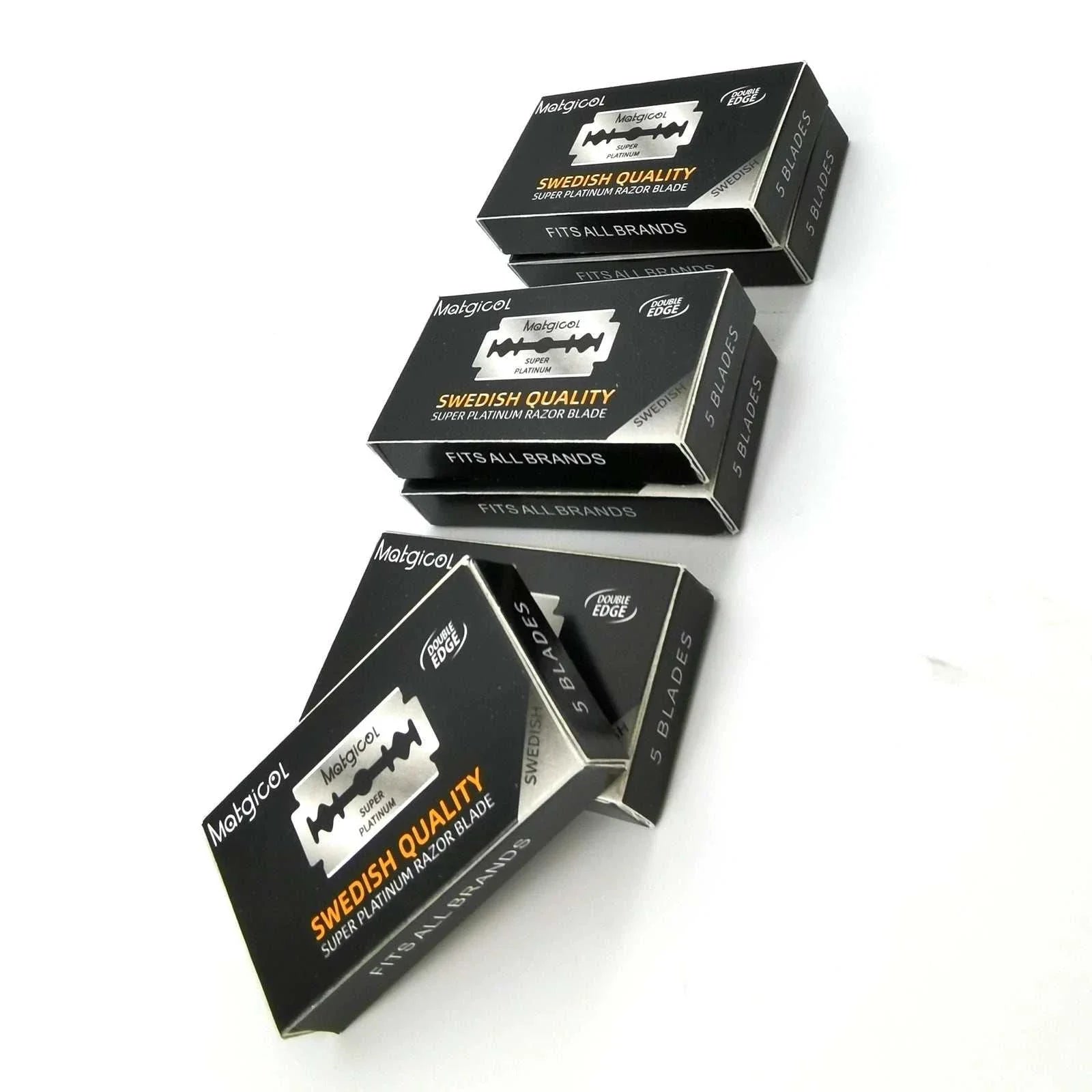 Boxes of Swedish quality razor blades for double edge razor, suitable for shaving and grooming, with super platinum stainless steel blades