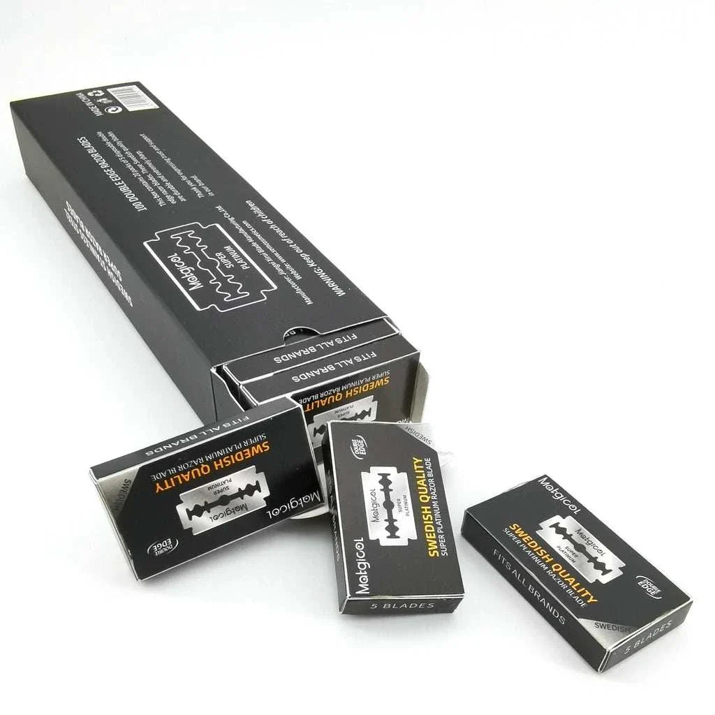Black packaging of Swedish quality stainless steel razor blades for double edge razors displayed with multiple blade boxes