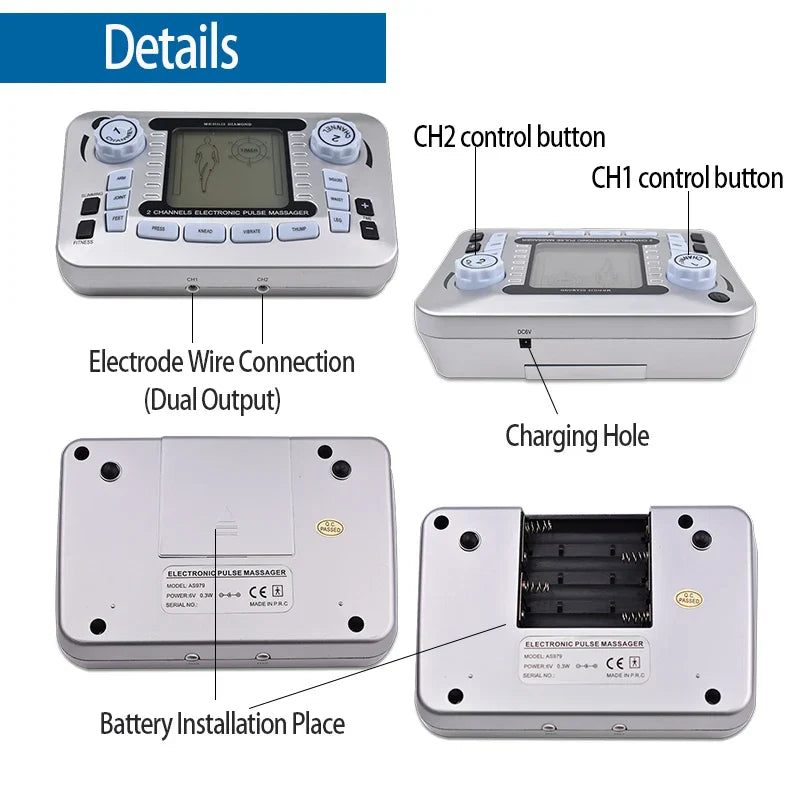 Electronic Pulse s Ems Machine massager with TENS EMS technology, dual output electrodes, control buttons, charging hole, and battery installation compartment