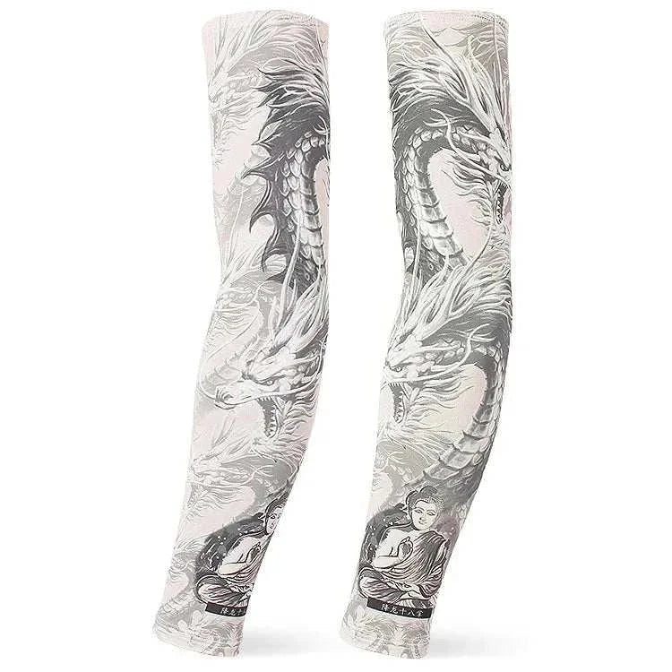 White outdoor arm sleeves with detailed dragon and meditating monk tattoo covers, designed for UV protection and athletic use