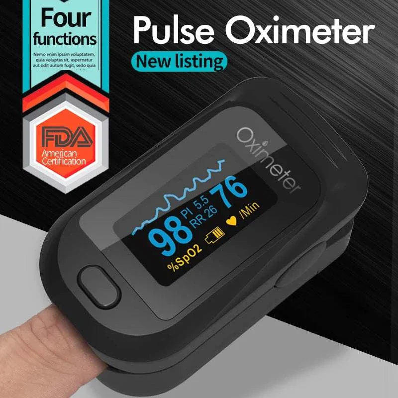 KIUZOU Finger Pulse Oximeter with bright OLED display showing SpO2 and pulse rate, FDA certified, portable and easy one-button operation, accurate health monitoring device.