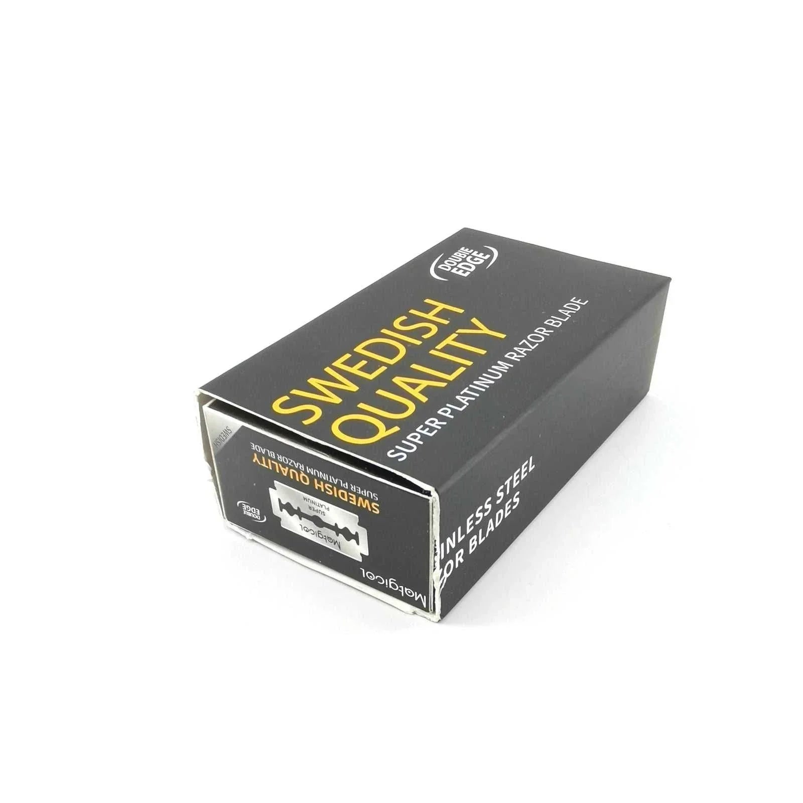 Box of Swedish quality stainless steel razor blades for double edge razors and folding knives