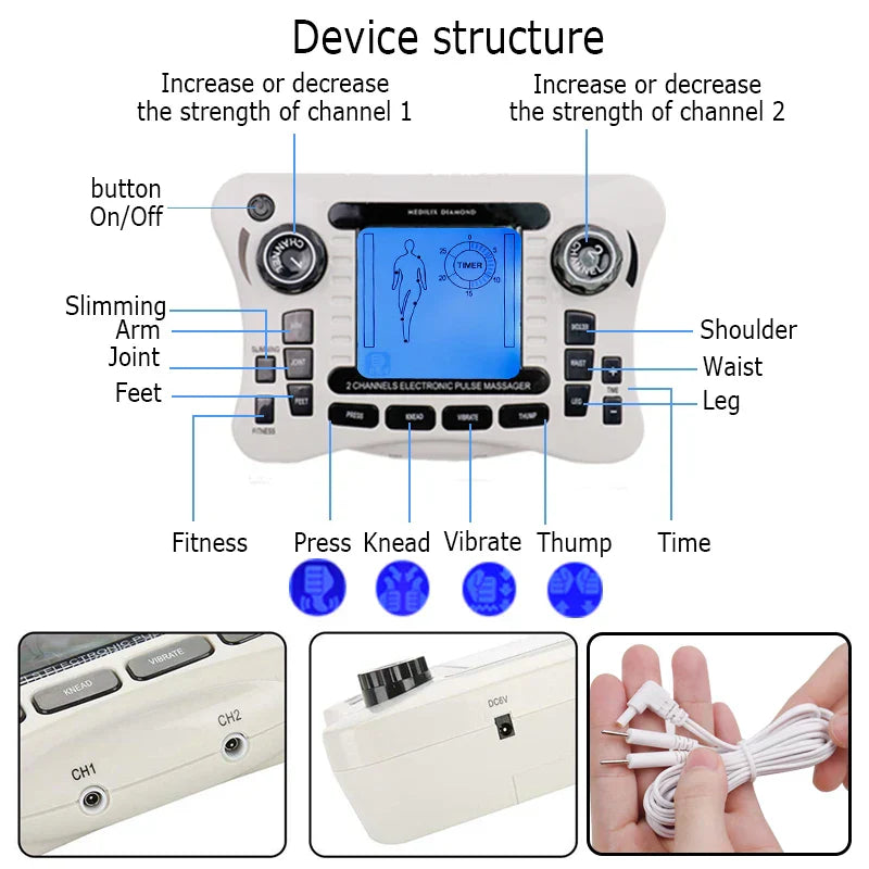 Electronic Pulse s Ems Machine TENS EMS massager with multiple modes for pain relief and body toning, compact and USB rechargeable
