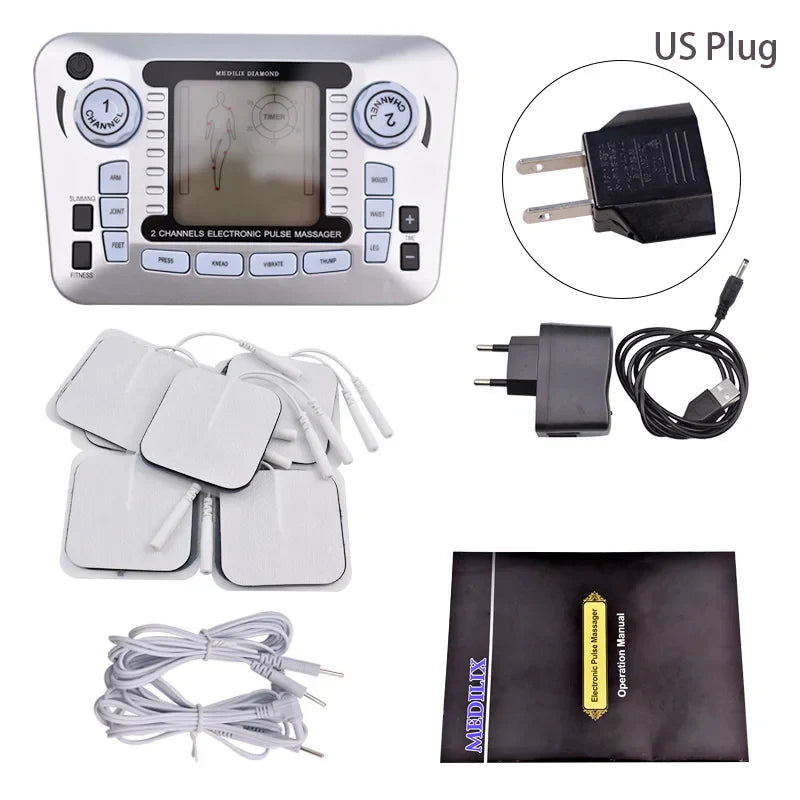 Electronic Pulse s Ems Machine with TENS EMS therapy pads, USB charger, and operation manual for pain relief and muscle stimulation