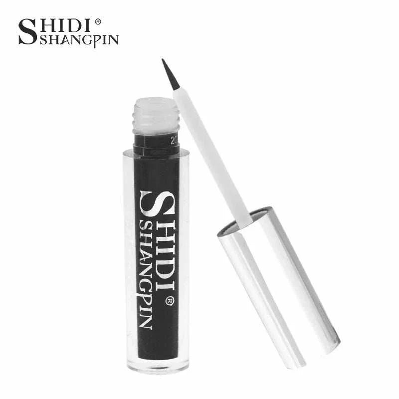 Black liquid eyeliner with precision brush and silver cap in clear tube
