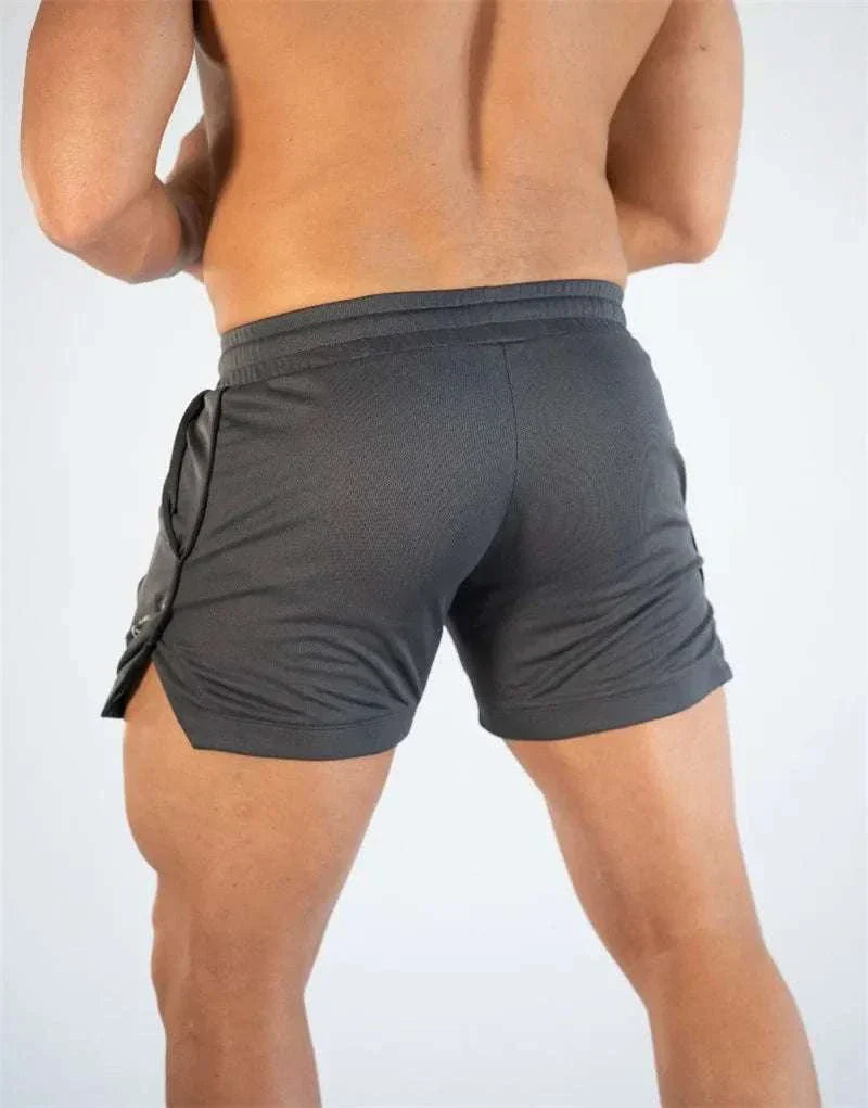 Men’s Gym Training Shorts in dark gray with elastic waistband and drawstring, lightweight and breathable for workouts