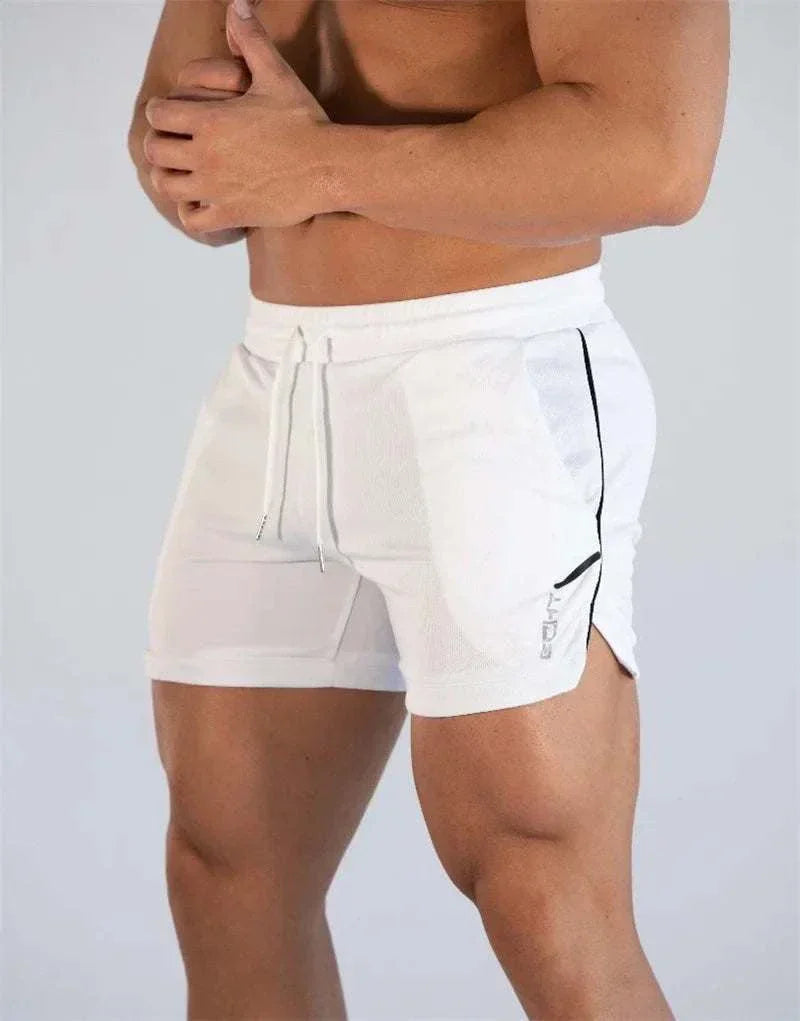 Men’s Gym Training Shorts in white with elastic waistband and drawstring, breathable and flexible fit for workouts