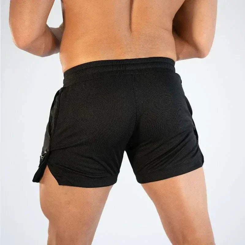Back view of men's gym training shorts in black with elastic waistband and adjustable fit for workouts