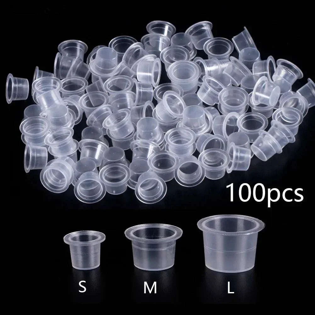 100pcs disposable plastic ink cups in small, medium, and large sizes for tattoo and permanent makeup pigment holders