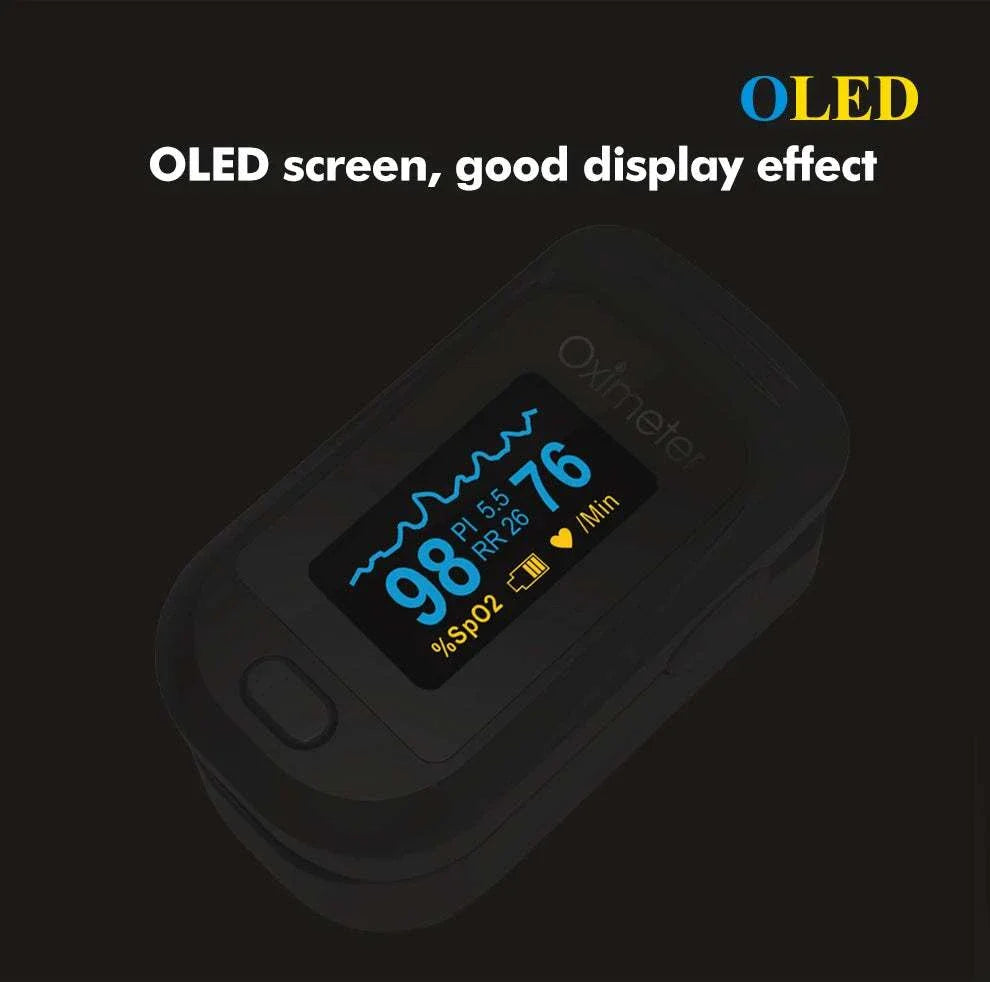 KIUZOU Finger Pulse Oximeter with bright OLED screen displaying blood oxygen and heart rate readings