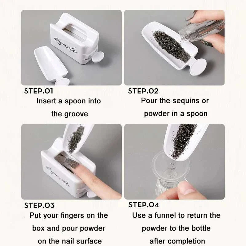 Double-layer storage container for collecting and recycling nail art glitter, sequins, and powder with a removable spoon and funnel for easy transfer.