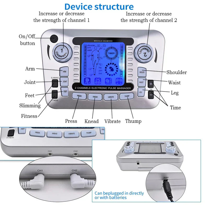 Electronic Pulse s EMS Machine massager with TENS technology for pain relief and body toning, featuring adjustable intensity and USB rechargeability.