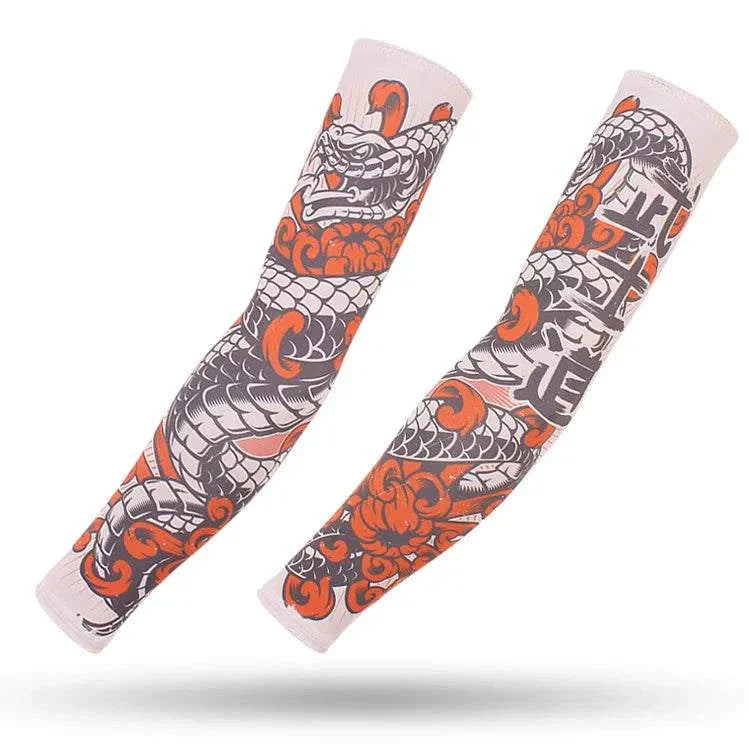 Pair of tattoo cover outdoor arm sleeves with dragon and flame design for UV protection and compression during sports activities