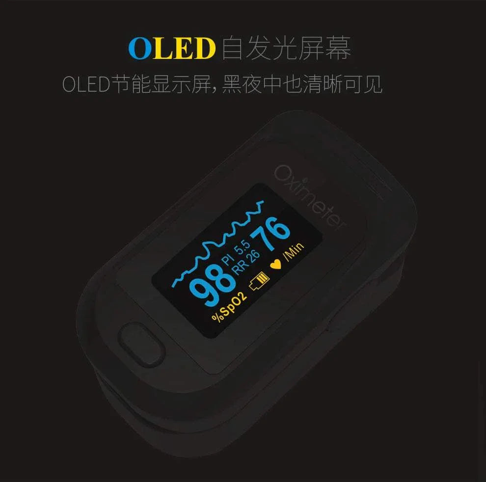 KIUZOU Finger Pulse Oximeter with bright OLED display showing SPO2, pulse rate, and respiratory rate for accurate health monitoring