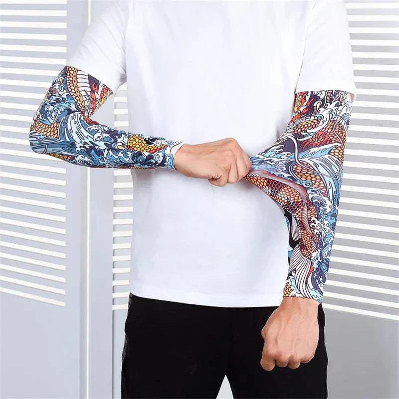 Colorful tattoo cover outdoor arm sleeves with dragon and wave design on person wearing white shirt