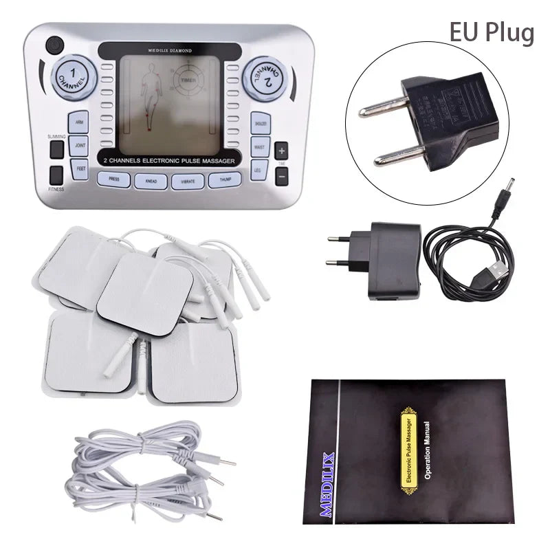 Electronic Pulse s Ems Machine with TENS EMS technology, electrodes, EU plug, cables, and user manual for pain relief and muscle stimulation