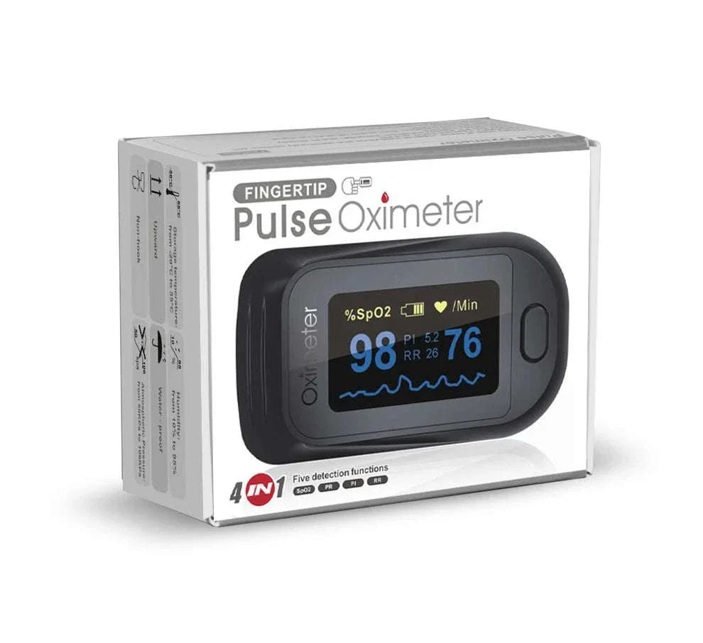 KIUZOU Finger Pulse Oximeter with bright OLED display, accurate SpO2 and pulse rate readings, one-button operation, portable design, and included lanyard and manual.