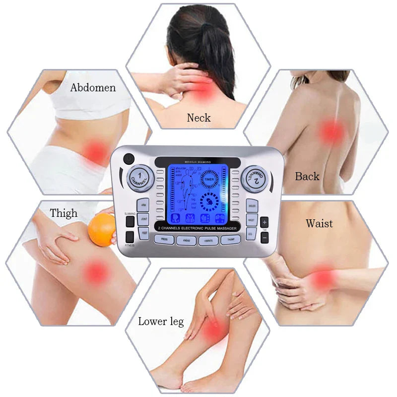 Electronic Pulse s Ems Machine massager targeting abdomen, neck, back, waist, thigh, and lower leg pain areas