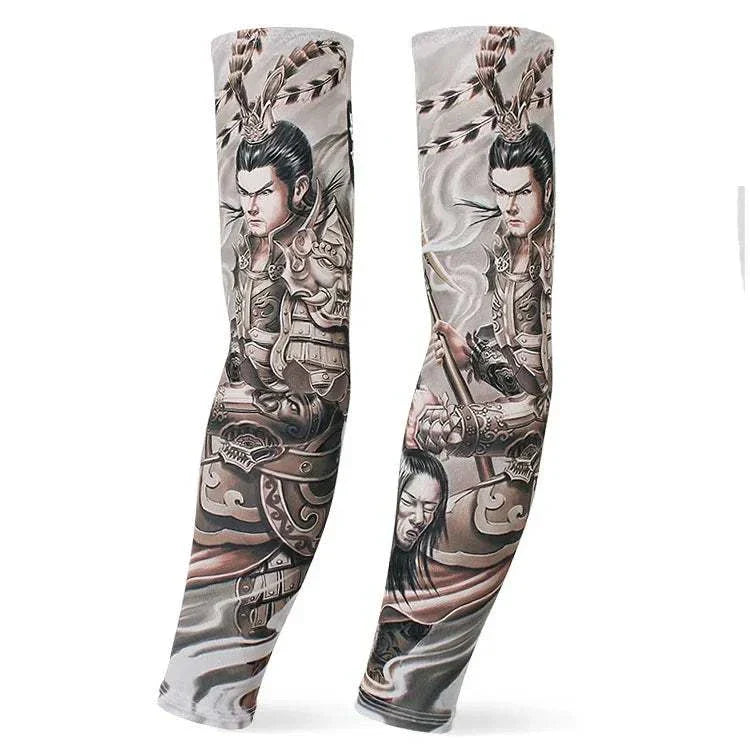 Outdoor Arm Sleeves with detailed warrior tattoo design, lightweight and breathable for UV protection and muscle support during sports and outdoor activities