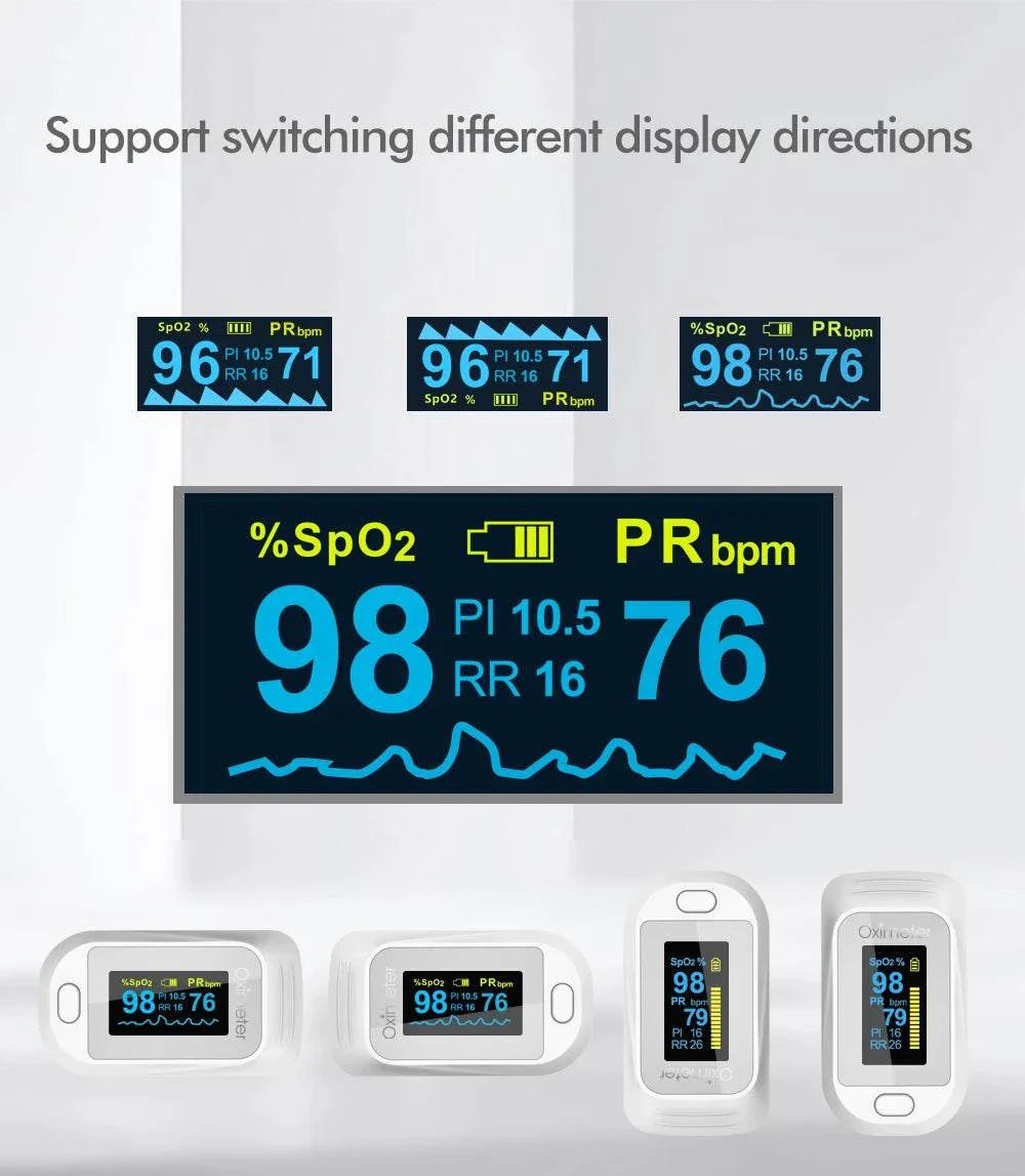KIUZOU Finger Pulse Oximeter with bright OLED display showing SpO2 and pulse rate, supporting multiple screen orientations.