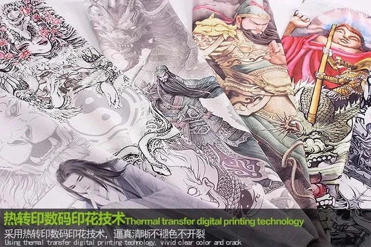 Colorful tattoo cover outdoor arm sleeves with detailed Asian-inspired designs featuring warriors and mythical creatures printed using thermal transfer digital printing technology