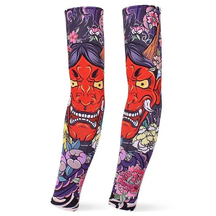 Colorful outdoor arm sleeves with vibrant Japanese demon and floral tattoo designs for sun protection and sports use