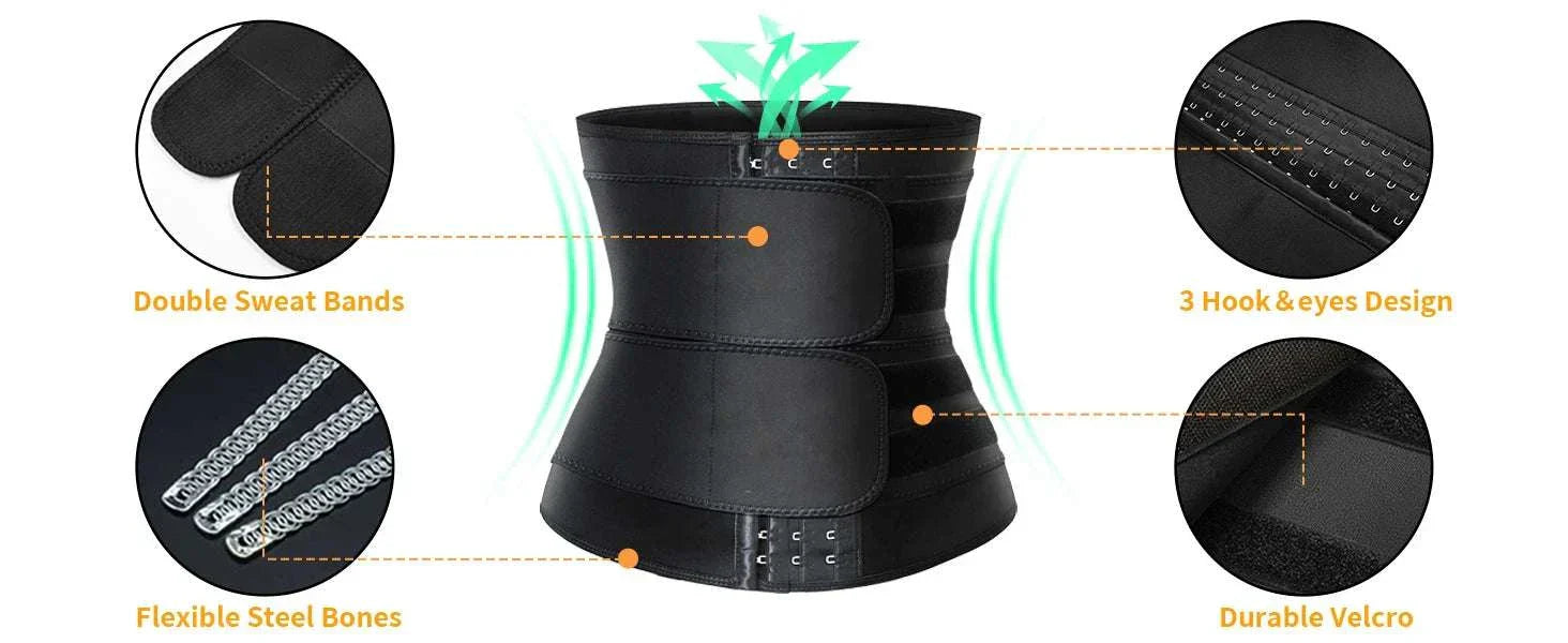Breathable neoprene waist trainer belt with double sweat bands, flexible steel bones, 3 hook and eyes design, and durable velcro for adjustable core support and waist shaping.