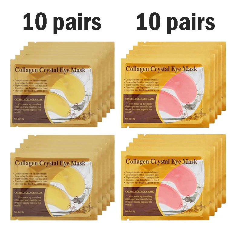 Gold Collagen Crystal Eye Mask packs of 10 pairs with collagen and plant extracts for firming, moisturizing, and anti-aging under-eye care