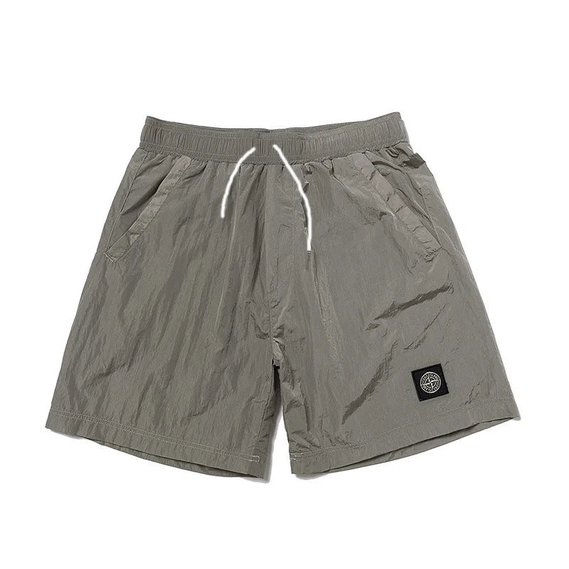 Men’s sports casual shorts in gray with elastic waistband, drawstring, and retro logo print, quick-dry breathable fabric for summer and active wear
