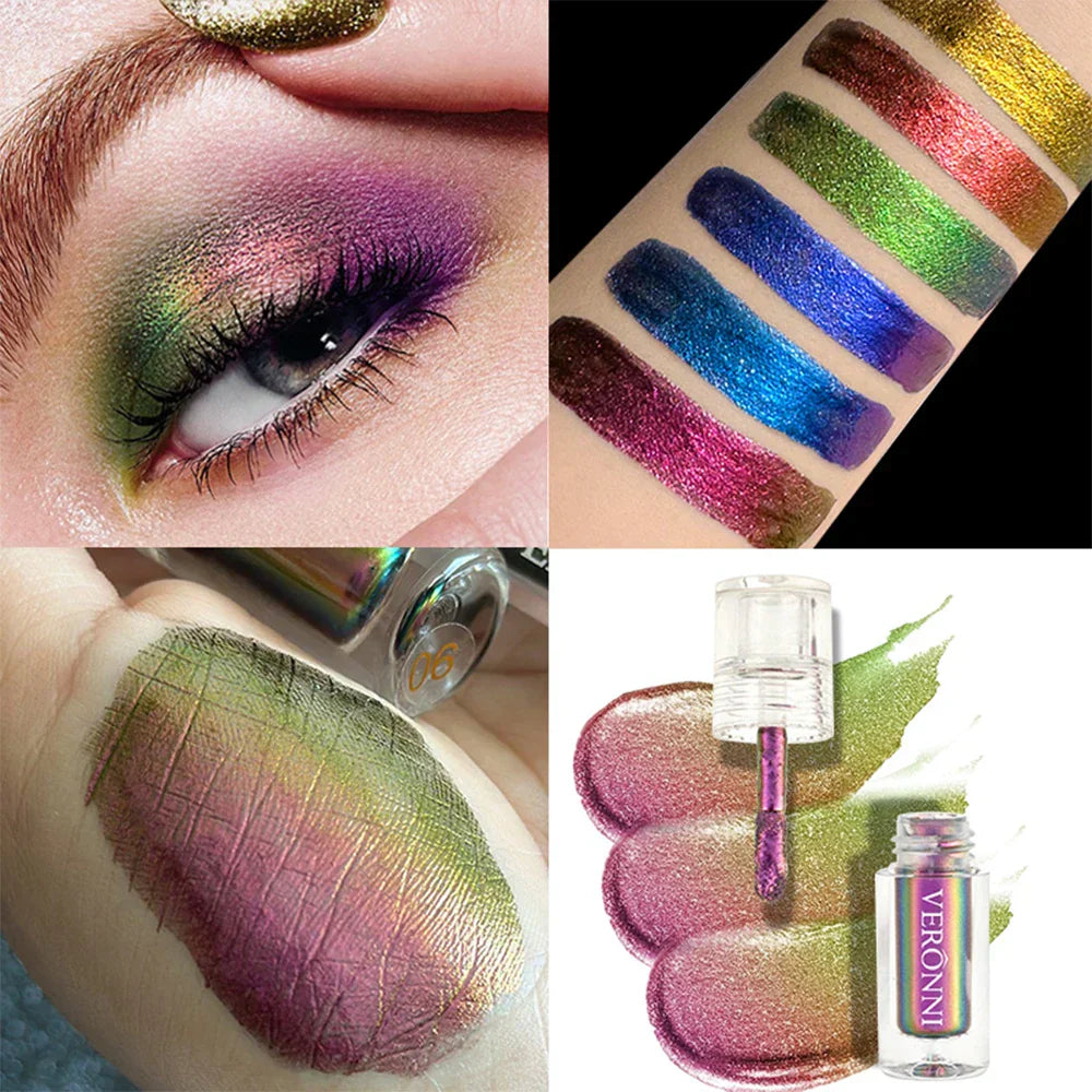 Chrome Shifting Chameleon Liquid Eyeshadow showing multi-angle color-shifting swatches on skin and vibrant eye makeup application