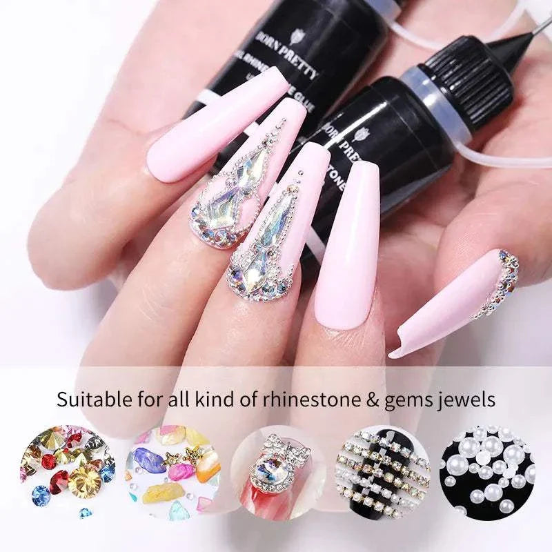 BORN PRETTY 10g gel nail glue with super strong adhesive for rhinestones and nail art on long pink nails
