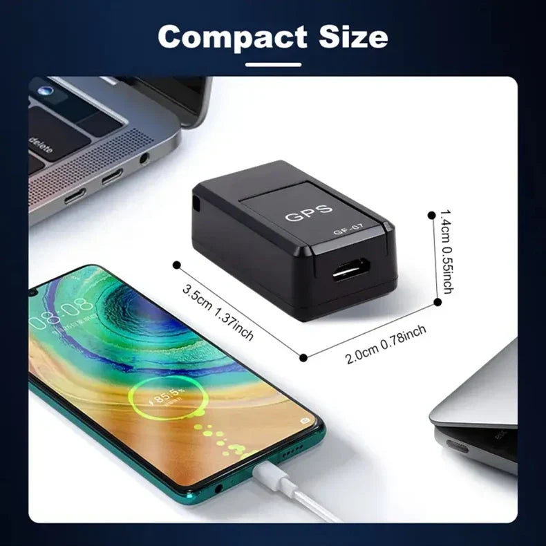 Micro Magnetic GPS Tracker compact size black device for vehicle and personal tracking with USB charging port.